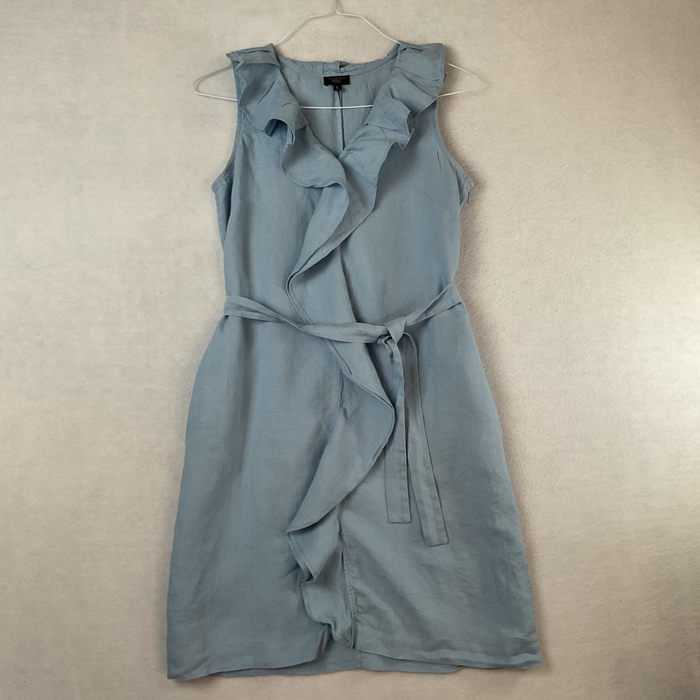 Talbots Petites Light Blue 100% Linen Ruffle V-Neck Tie Waist Sheath Dress 8P